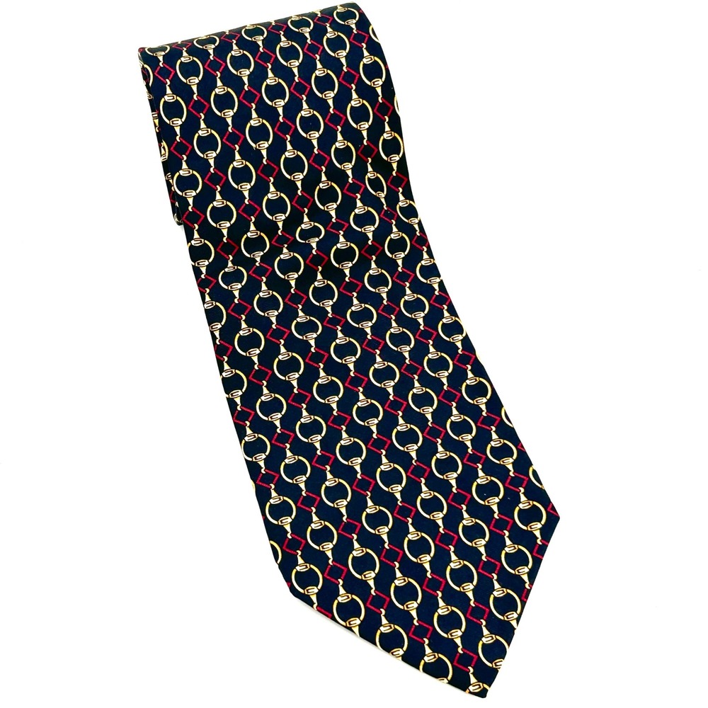 Paolo Gucci Vintage Silk Tie Navy Blue Gold Horsebit Equestrian Diamond Print